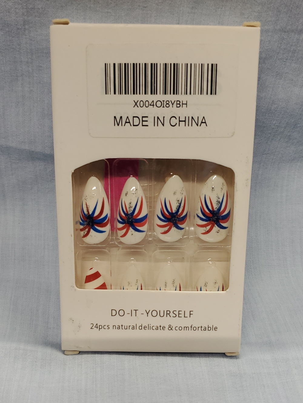 Do-It-Yourself White False Nail Set with Red & Blue Accent Design #2
